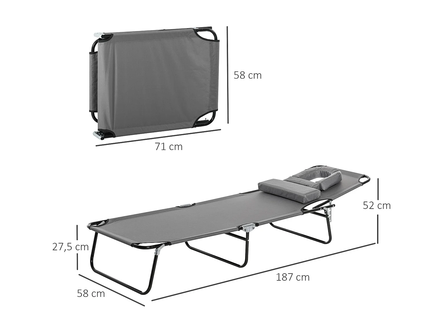 Bain de soleil pliable transat inclinable 4 positions chaise longue de lecture 3 coussins fournis gris
