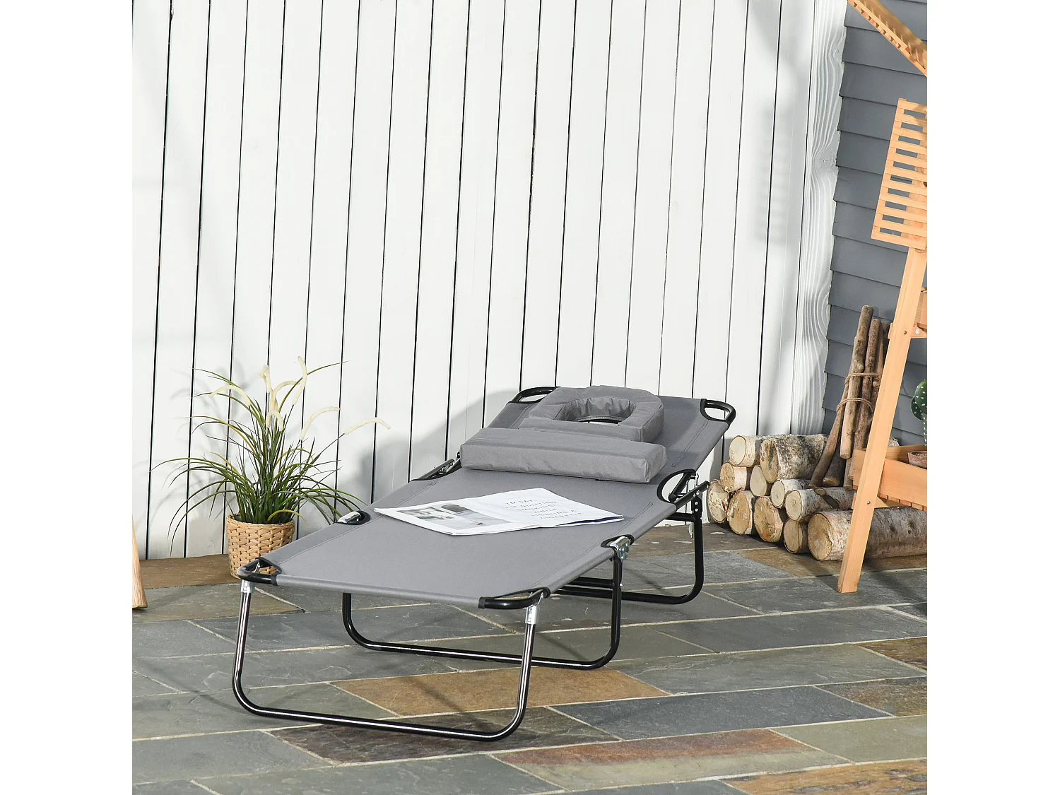 Bain de soleil pliable transat inclinable 4 positions chaise longue de lecture 3 coussins fournis gris