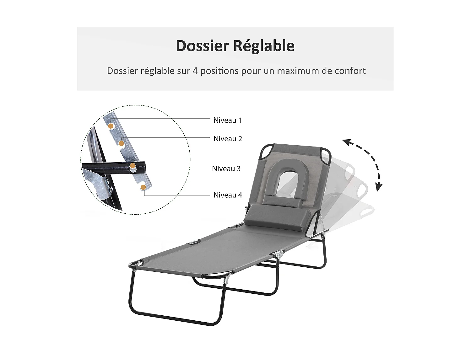 Bain de soleil pliable transat inclinable 4 positions chaise longue de lecture 3 coussins fournis gris