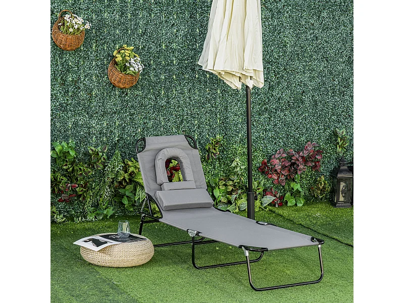 Bain de soleil pliable transat inclinable 4 positions chaise longue de lecture 3 coussins fournis gris