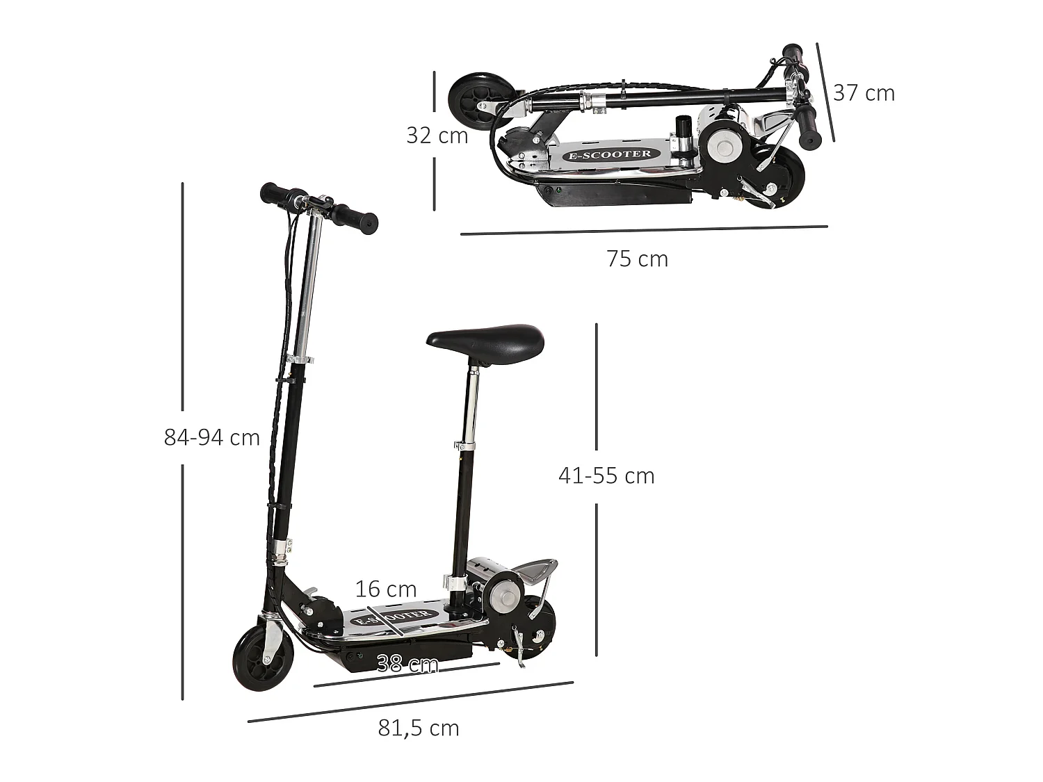 Trottinette électrique 120 W pliable pour enfant de 7 à 12 ans hauteur guidon et selle réglable 10 Km/h max. noir