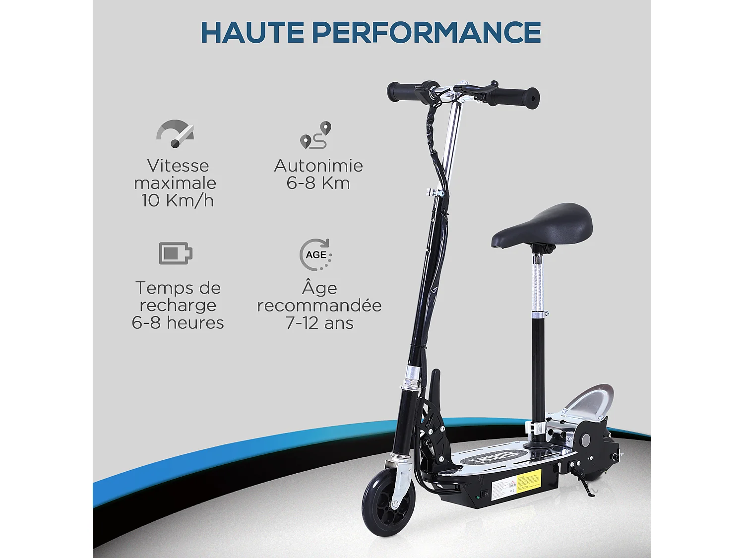 Trottinette électrique 120 W pliable pour enfant de 7 à 12 ans hauteur guidon et selle réglable 10 Km/h max. noir