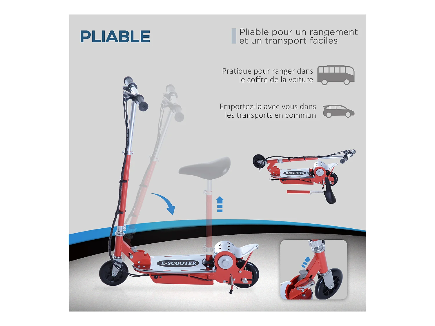 Trottinette électrique 120 W pliable pour enfant de 7 à 12 ans hauteur guidon et selle réglable 10 Km/h max. rouge