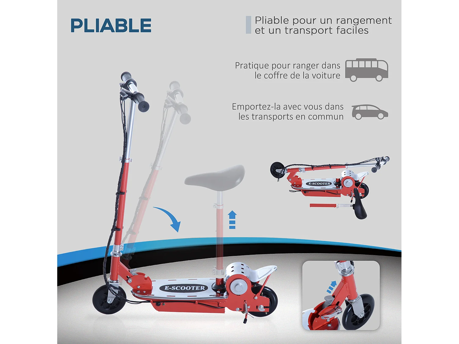 Trottinette électrique 120 W pliable pour enfant de 7 à 12 ans hauteur guidon et selle réglable 10 Km/h max. rouge