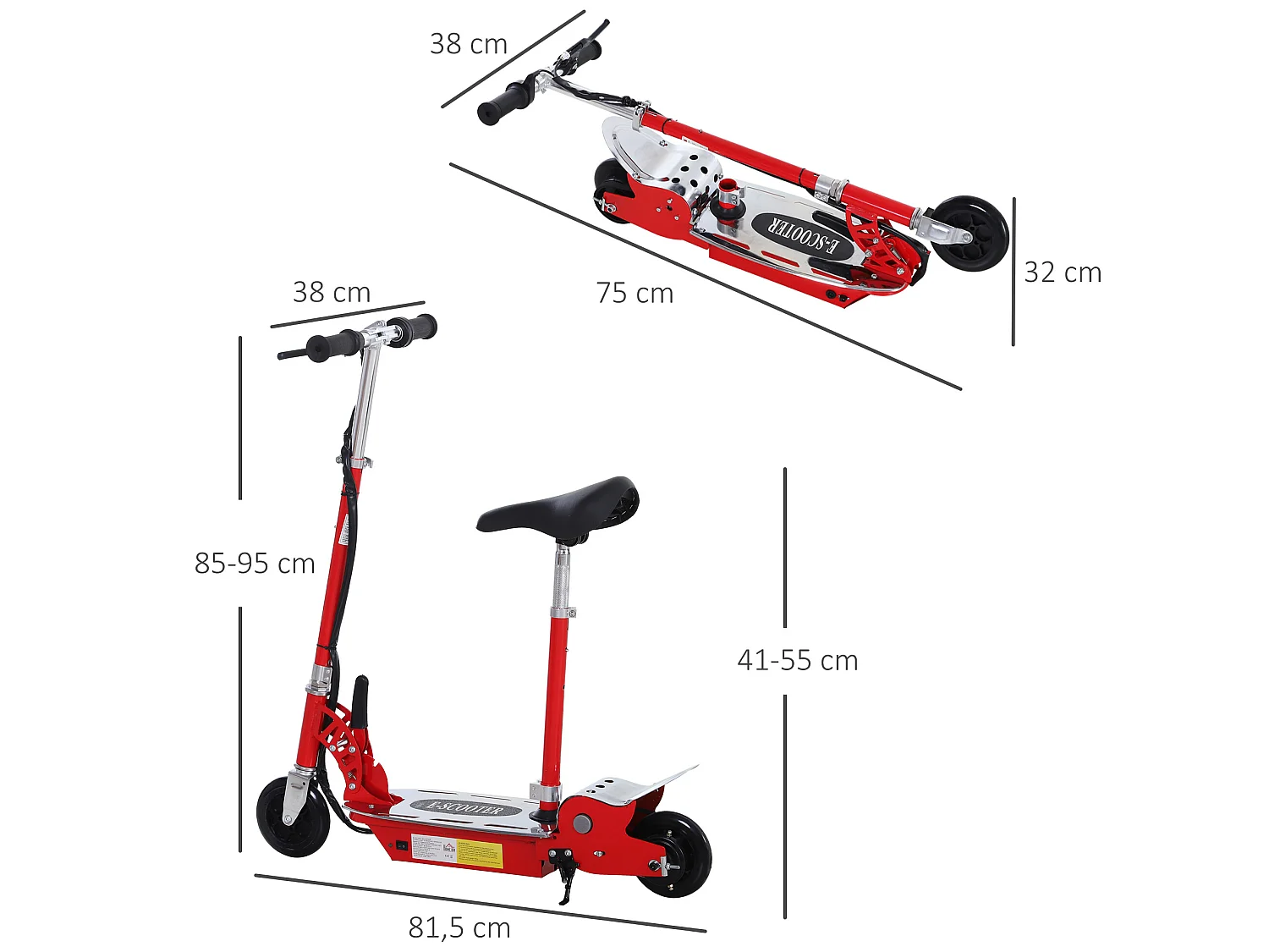 Trottinette électrique 120 W pliable pour enfant de 7 à 12 ans hauteur guidon et selle réglable 10 Km/h max. rouge