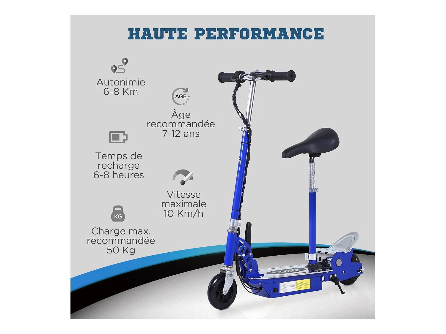 Trottinette électrique 120 W pliable pour enfant de 7 à 12 ans hauteur guidon et selle réglable 10 Km/h max. bleu