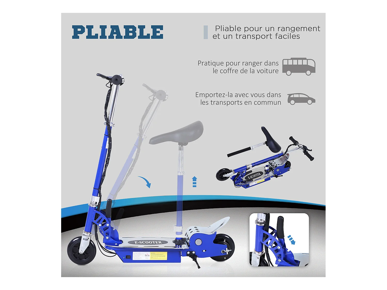 Trottinette électrique 120 W pliable pour enfant de 7 à 12 ans hauteur guidon et selle réglable 10 Km/h max. bleu