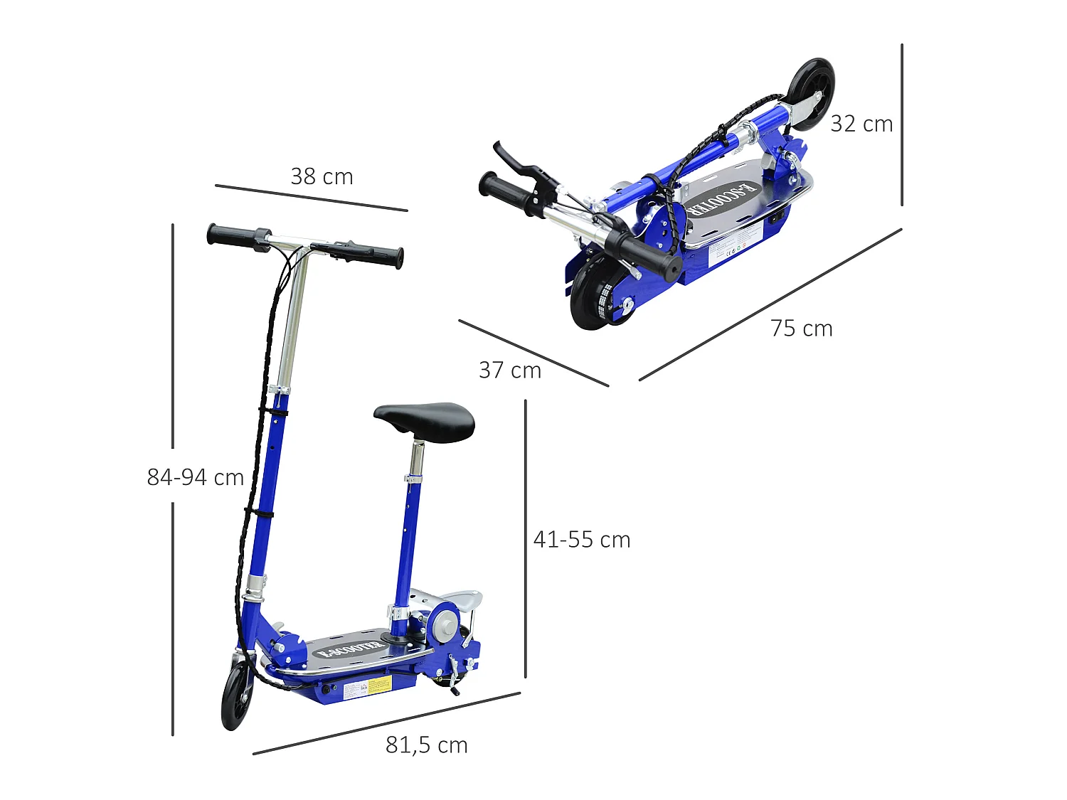 Trottinette électrique 120 W pliable pour enfant de 7 à 12 ans hauteur guidon et selle réglable 10 Km/h max. bleu