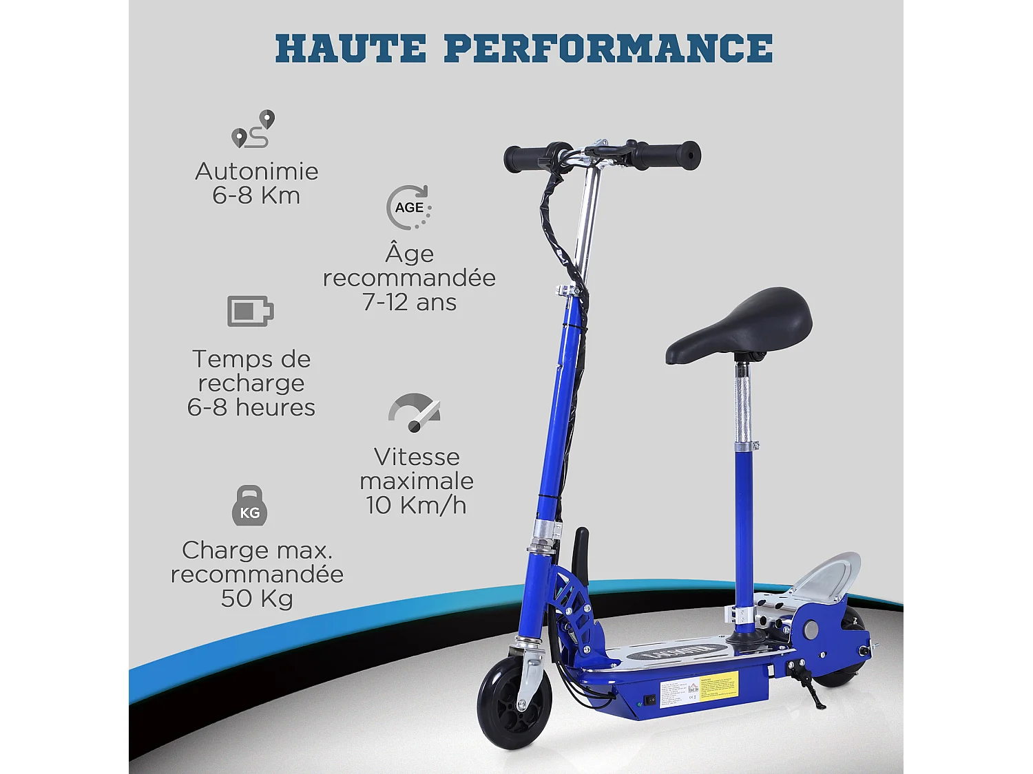 Trottinette électrique 120 W pliable pour enfant de 7 à 12 ans hauteur guidon et selle réglable 10 Km/h max. bleu