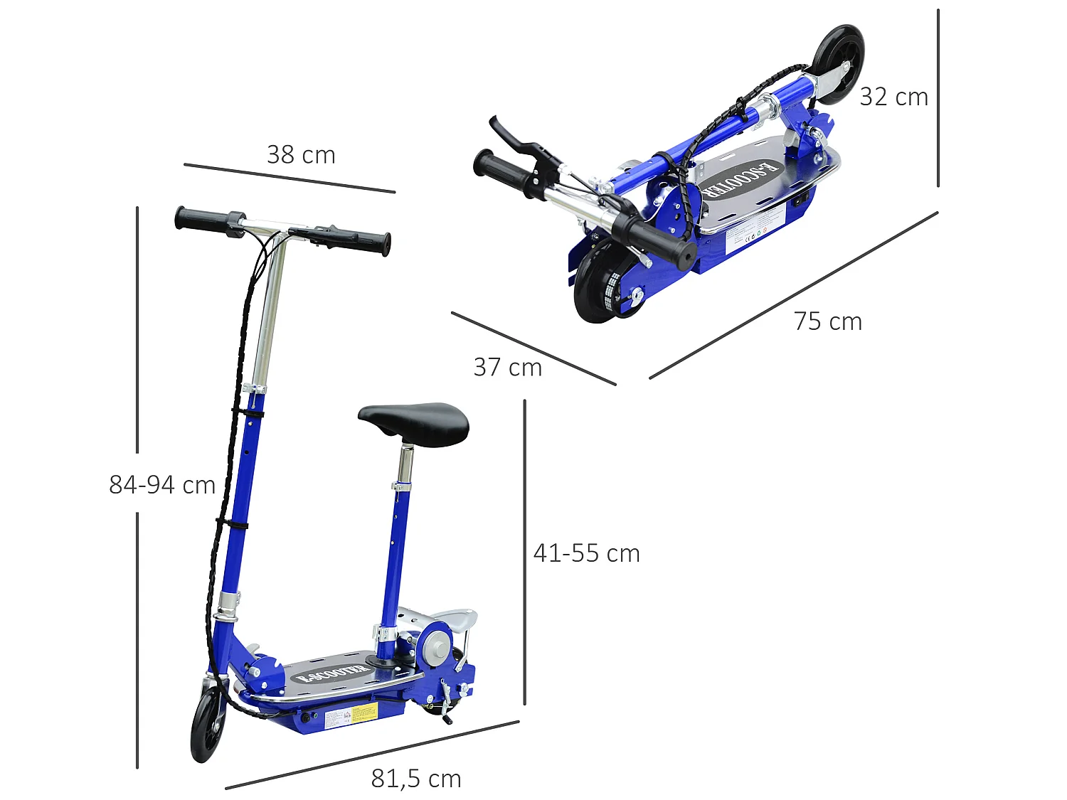 Trottinette électrique 120 W pliable pour enfant de 7 à 12 ans hauteur guidon et selle réglable 10 Km/h max. bleu
