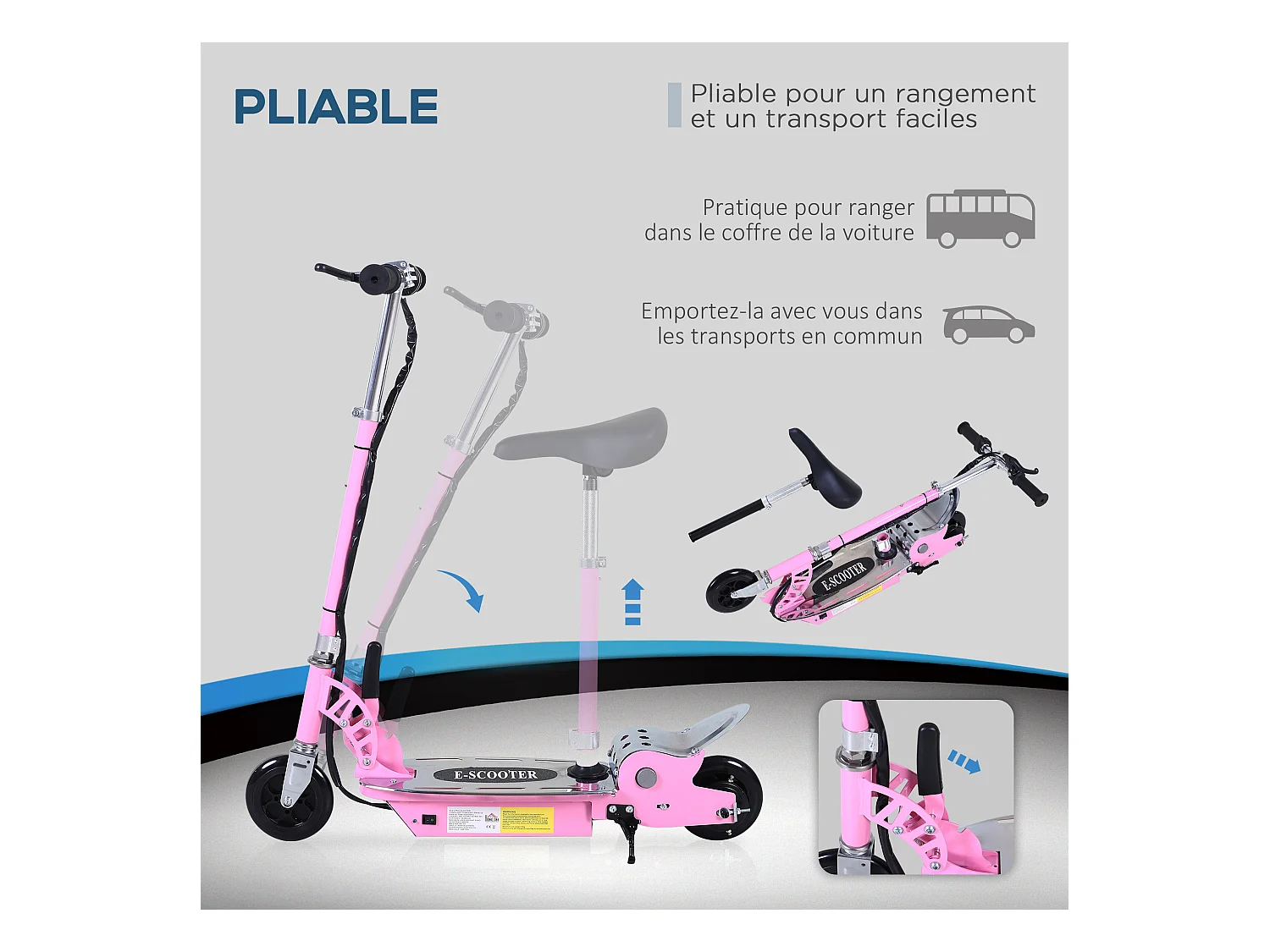 Trottinette électrique 120 W pliable pour enfant de 7 à 12 ans hauteur guidon et selle réglable 10 Km/h max. rose