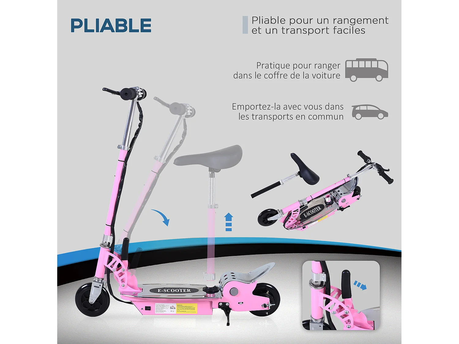 Trottinette électrique 120 W pliable pour enfant de 7 à 12 ans hauteur guidon et selle réglable 10 Km/h max. rose