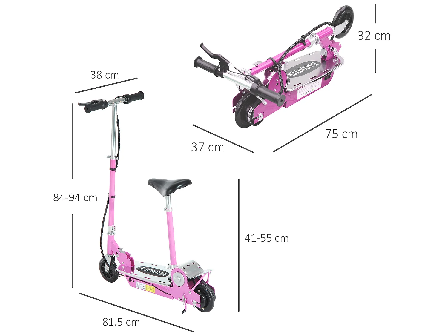 Trottinette électrique 120 W pliable pour enfant de 7 à 12 ans hauteur guidon et selle réglable 10 Km/h max. rose