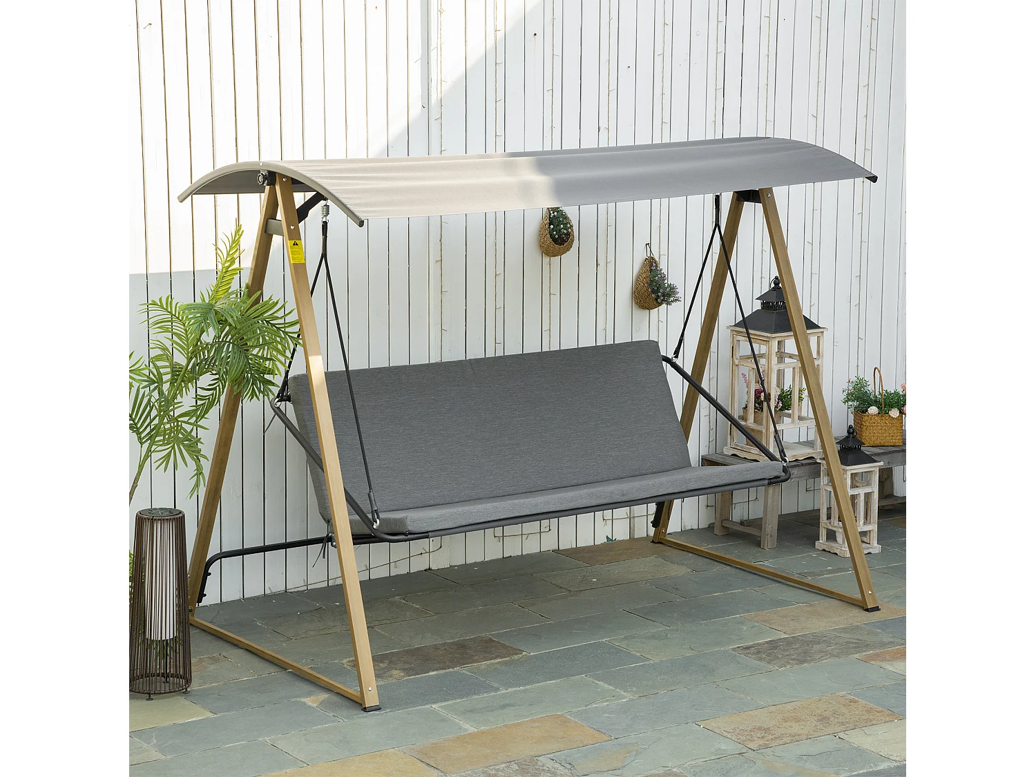 Balancelle de jardin 3 places design contemporain auvent réglable textilène polyester gris acier aspect bois