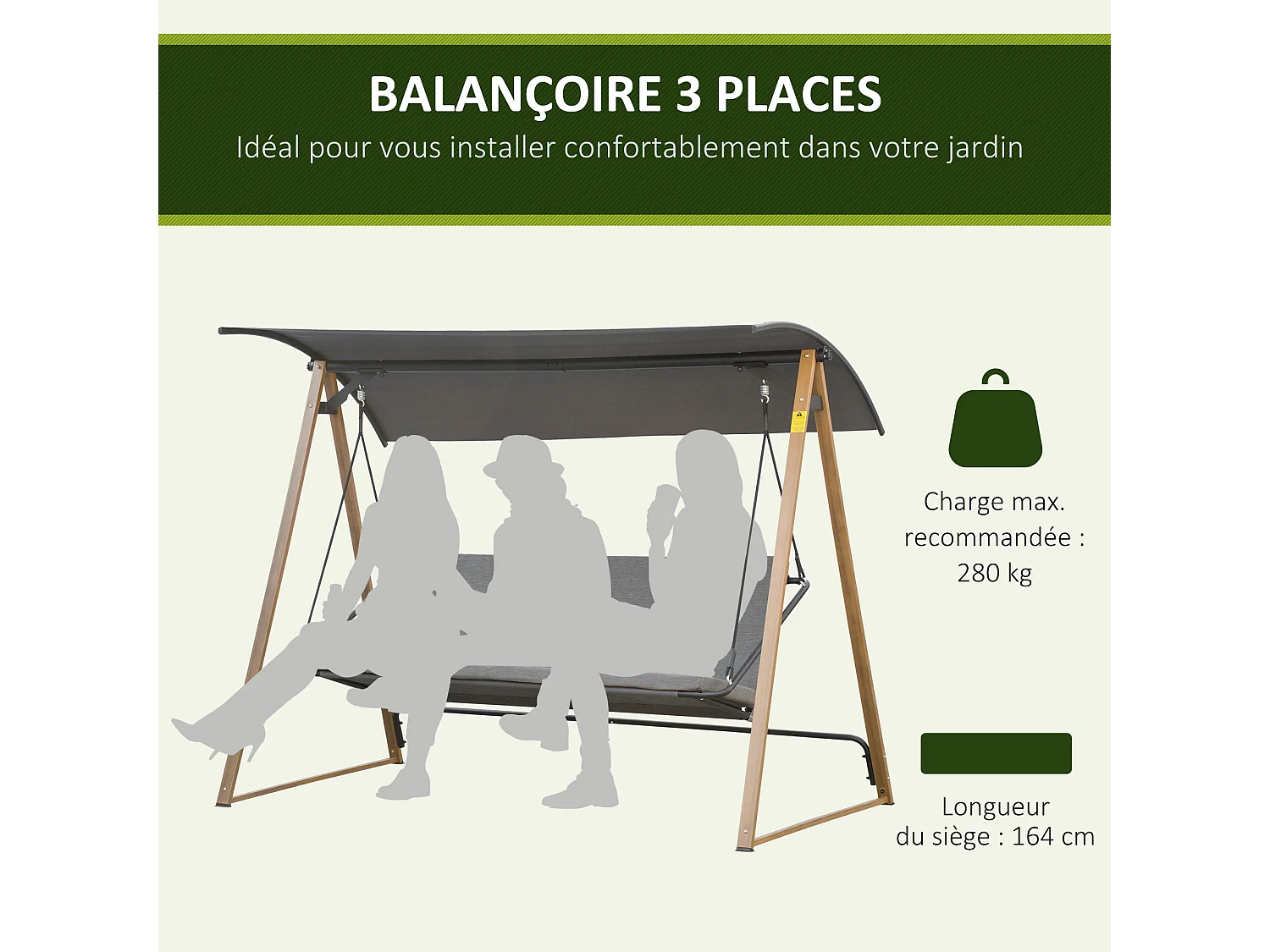 Balancelle de jardin 3 places design contemporain auvent réglable textilène polyester gris acier aspect bois
