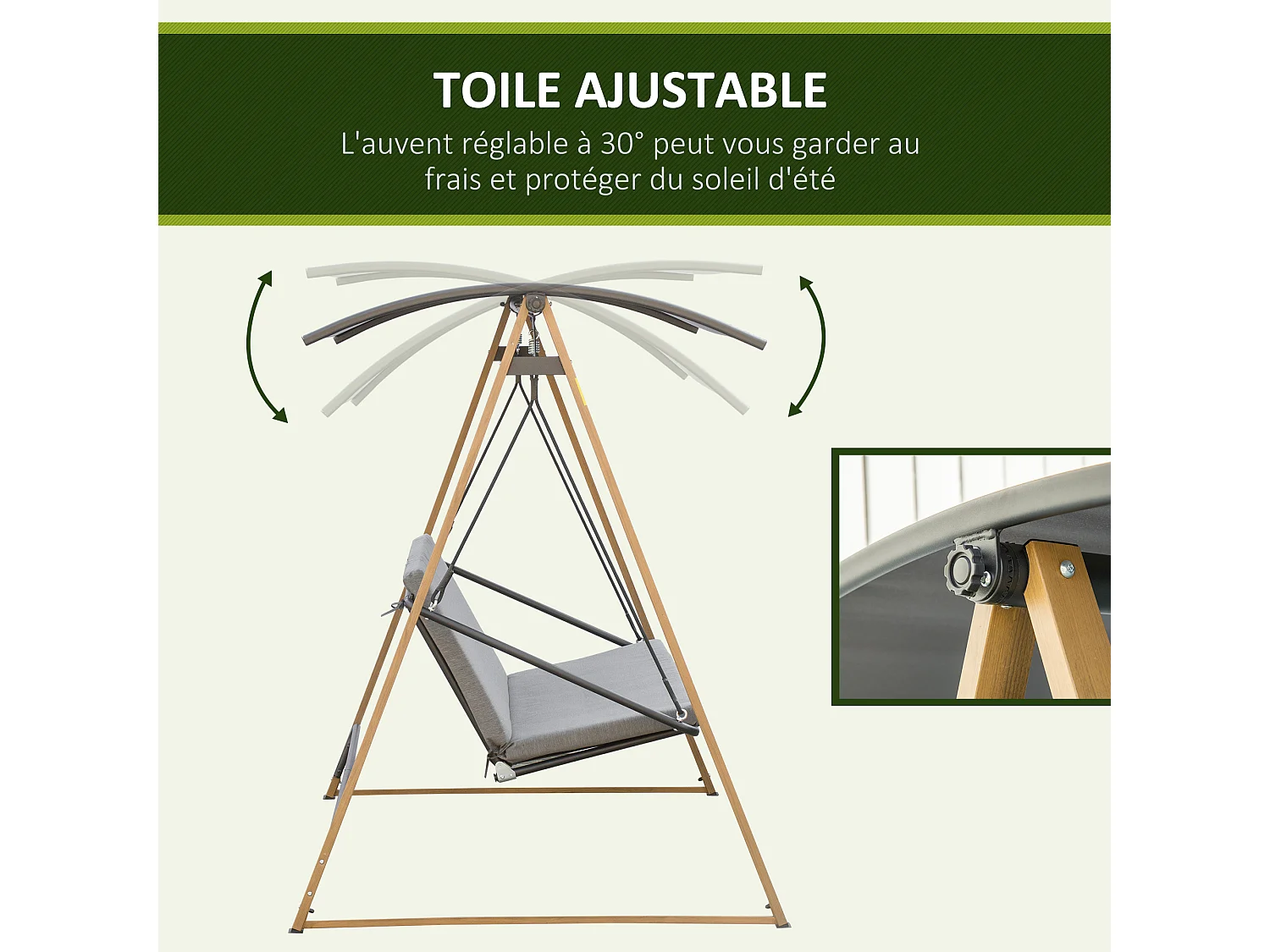 Balancelle de jardin 3 places design contemporain auvent réglable textilène polyester gris acier aspect bois