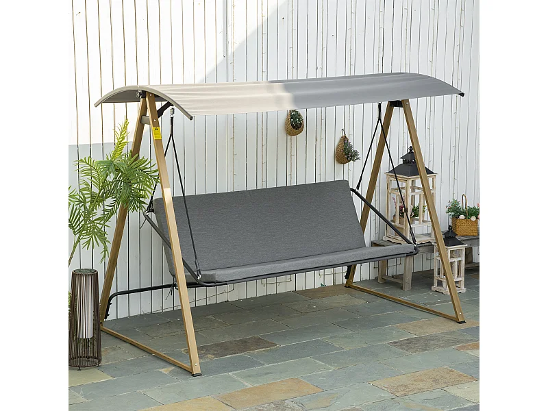 Balancelle de jardin 3 places design contemporain auvent réglable textilène polyester gris acier aspect bois