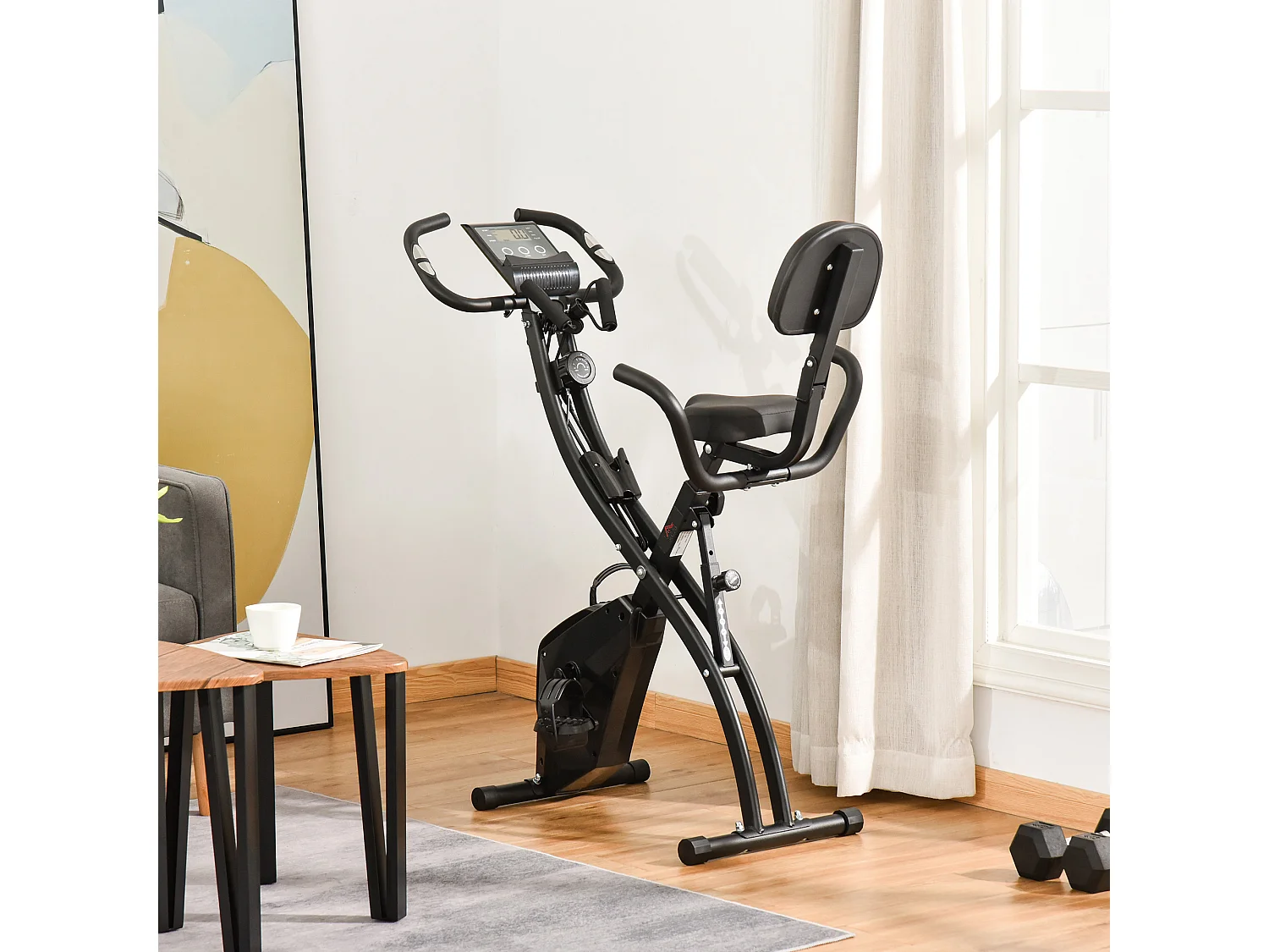 Vélo d'appartement pliant 8 niveaux de réitance magnétique doier elle réglable poignée ergonomique écran LCD multifonction upenion upport tablette acier noir