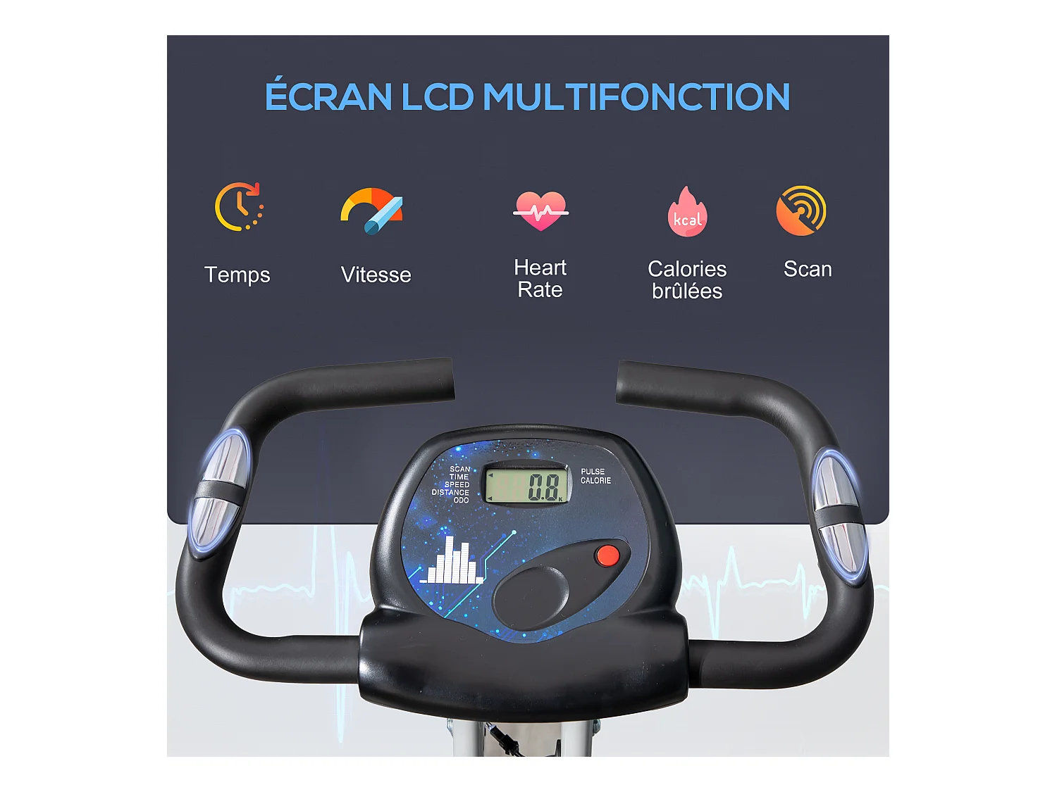 Vélo d'appartement pliable 8 niveaux de résistance magnétique selle réglable dossier écran LCD multifonction capteur fréquence cardiaque gris