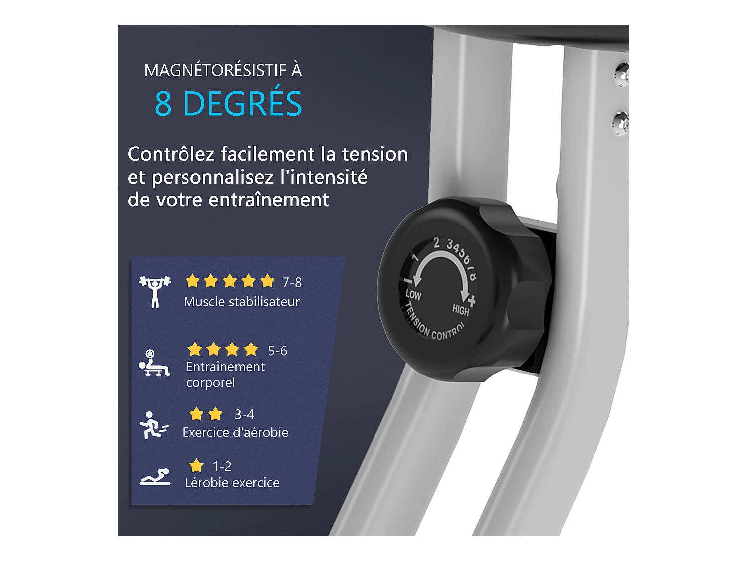 Vélo d'appartement pliable 8 niveaux de résistance magnétique selle réglable dossier écran LCD multifonction capteur fréquence cardiaque gris