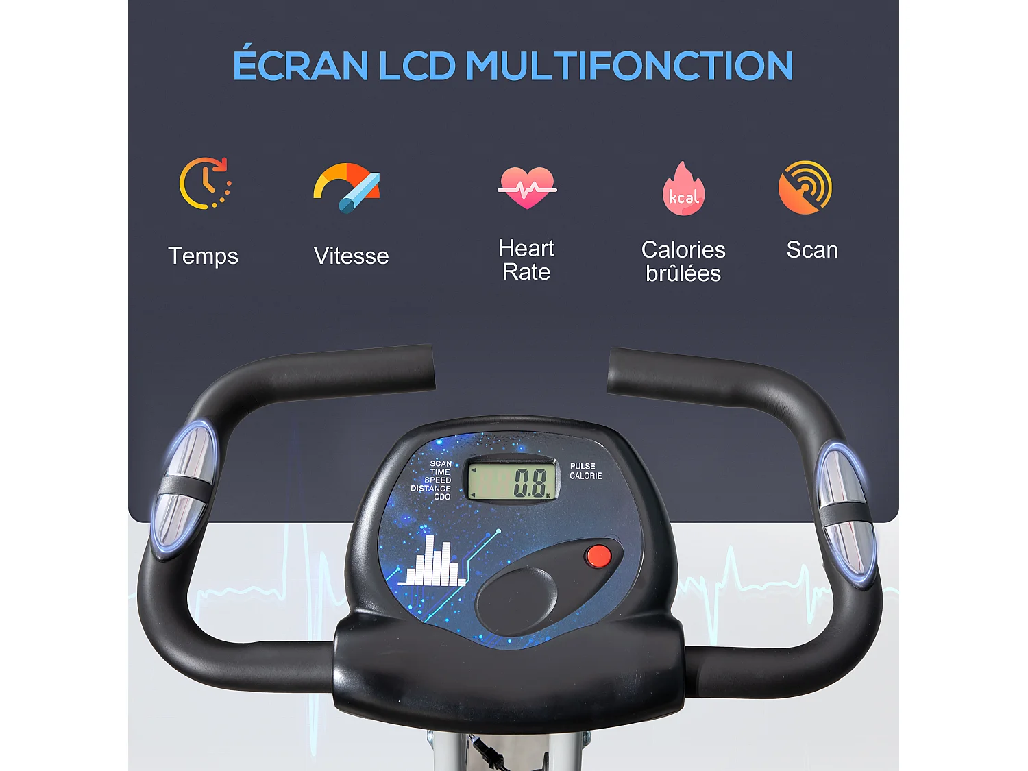 Vélo d'appartement pliable 8 niveaux de résistance magnétique selle réglable dossier écran LCD multifonction capteur fréquence cardiaque gris