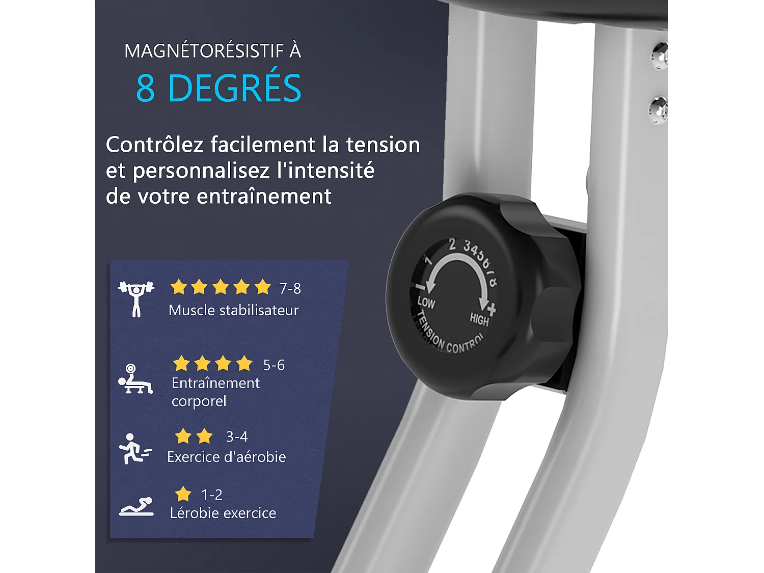Vélo d'appartement pliable 8 niveaux de résistance magnétique selle réglable dossier écran LCD multifonction capteur fréquence cardiaque gris