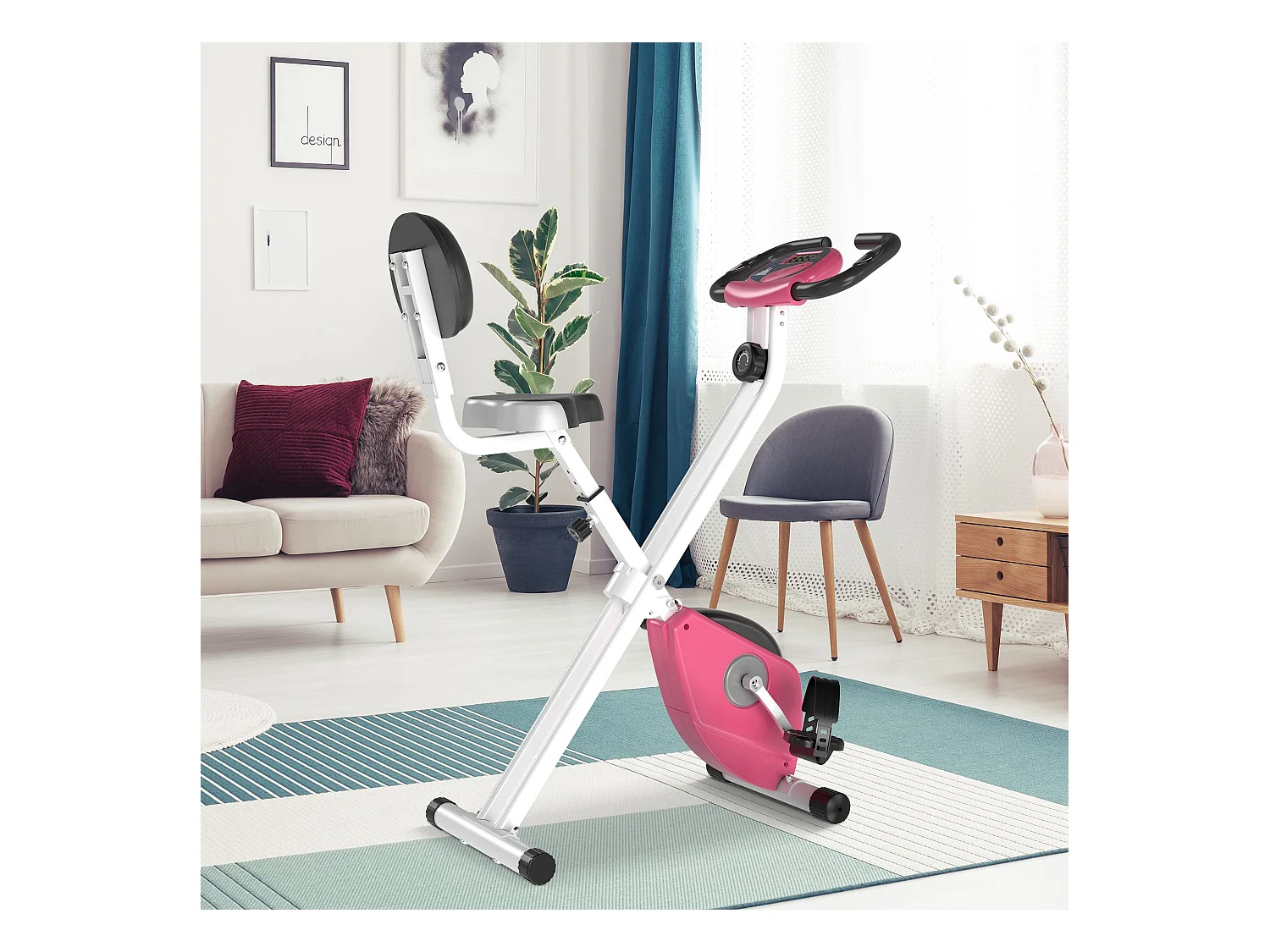 Vélo d'appartement pliable 8 niveaux de résistance magnétique selle réglable dossier écran LCD multifonction capteur fréquence cardiaque rose