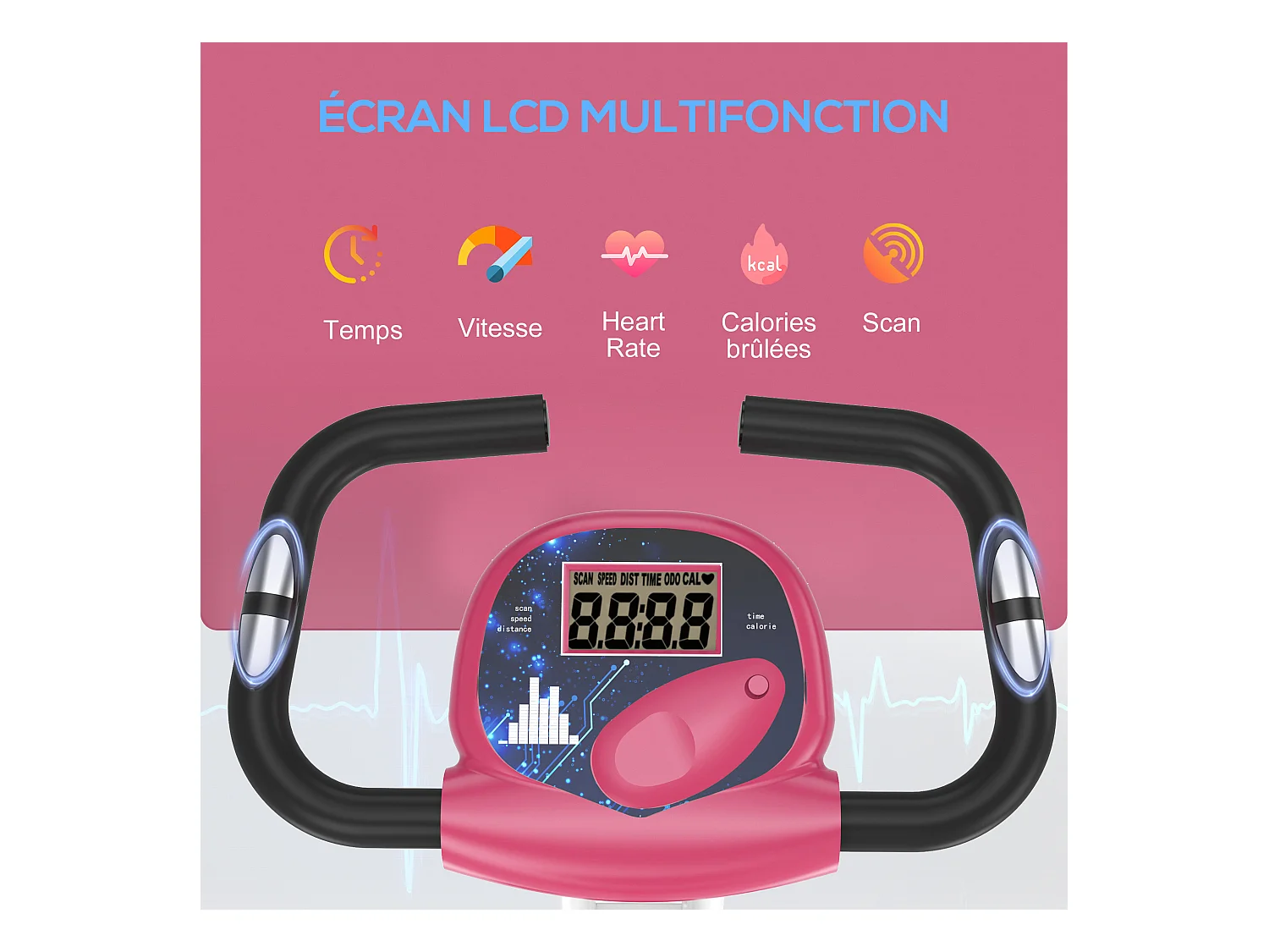 Vélo d'appartement pliable 8 niveaux de résistance magnétique selle réglable dossier écran LCD multifonction capteur fréquence cardiaque rose