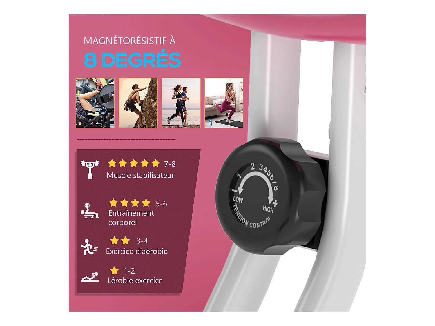 Vélo d'appartement pliable 8 niveaux de résistance magnétique selle réglable dossier écran LCD multifonction capteur fréquence cardiaque rose