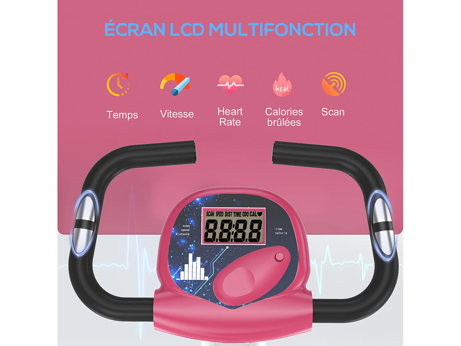 Vélo d'appartement pliable 8 niveaux de résistance magnétique selle réglable dossier écran LCD multifonction capteur fréquence cardiaque rose