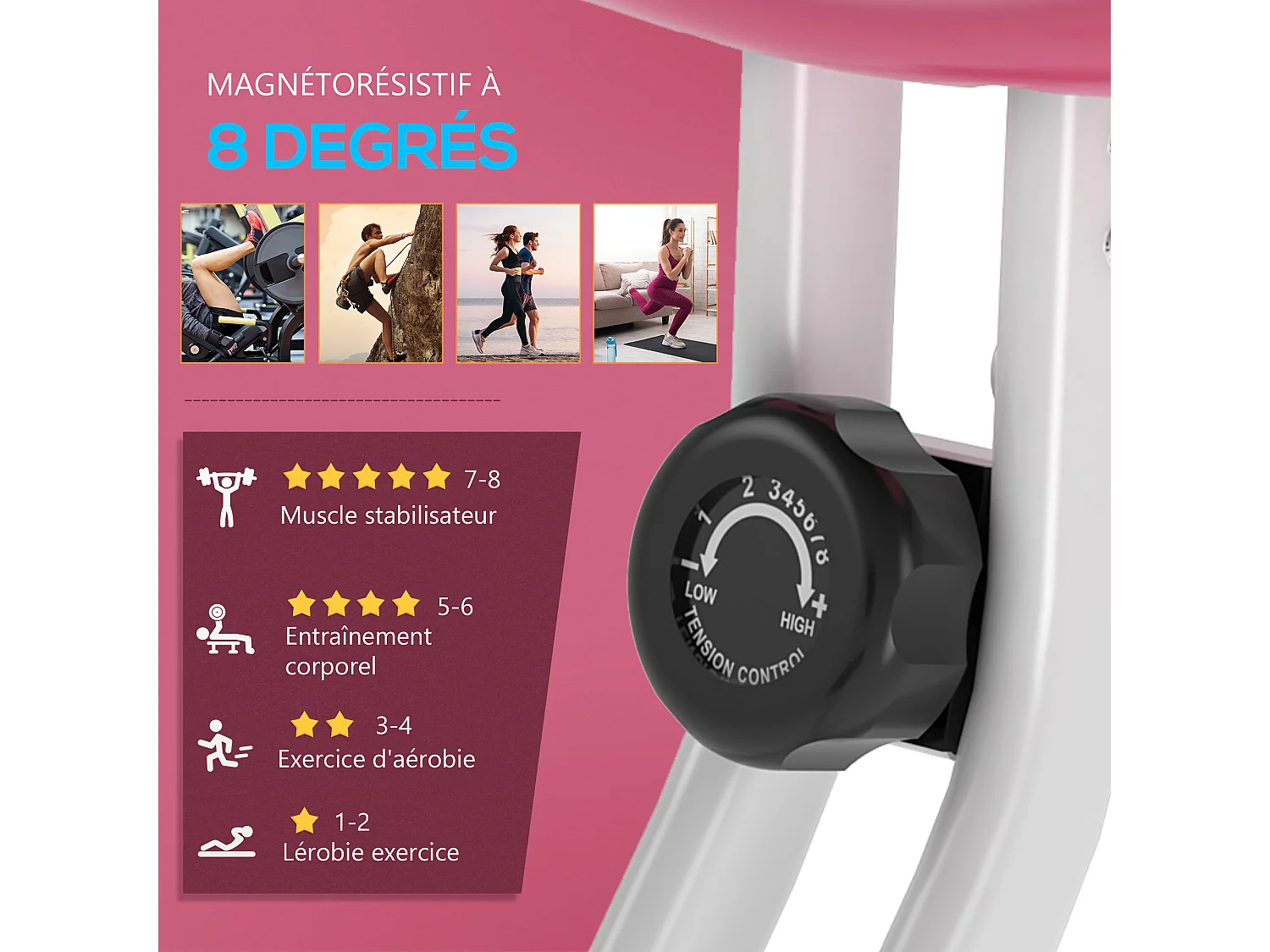 Vélo d'appartement pliable 8 niveaux de résistance magnétique selle réglable dossier écran LCD multifonction capteur fréquence cardiaque rose