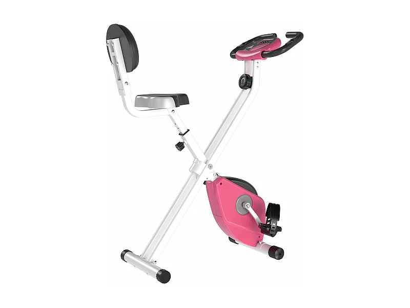 Vélo d'appartement pliable 8 niveaux de résistance magnétique selle réglable dossier écran LCD multifonction capteur fréquence cardiaque rose