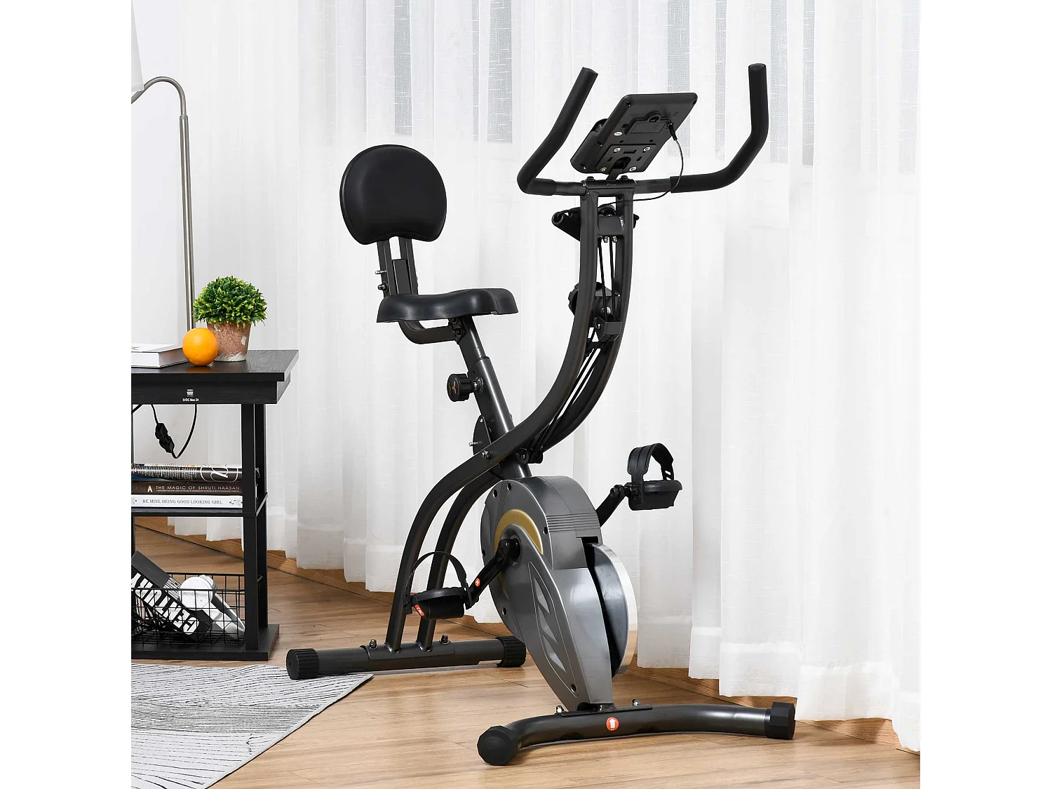 Vélo d'appartement pliable selle réglable dossier guidon ergonomique écran LCD multifonction bandes résistance acier gris noir