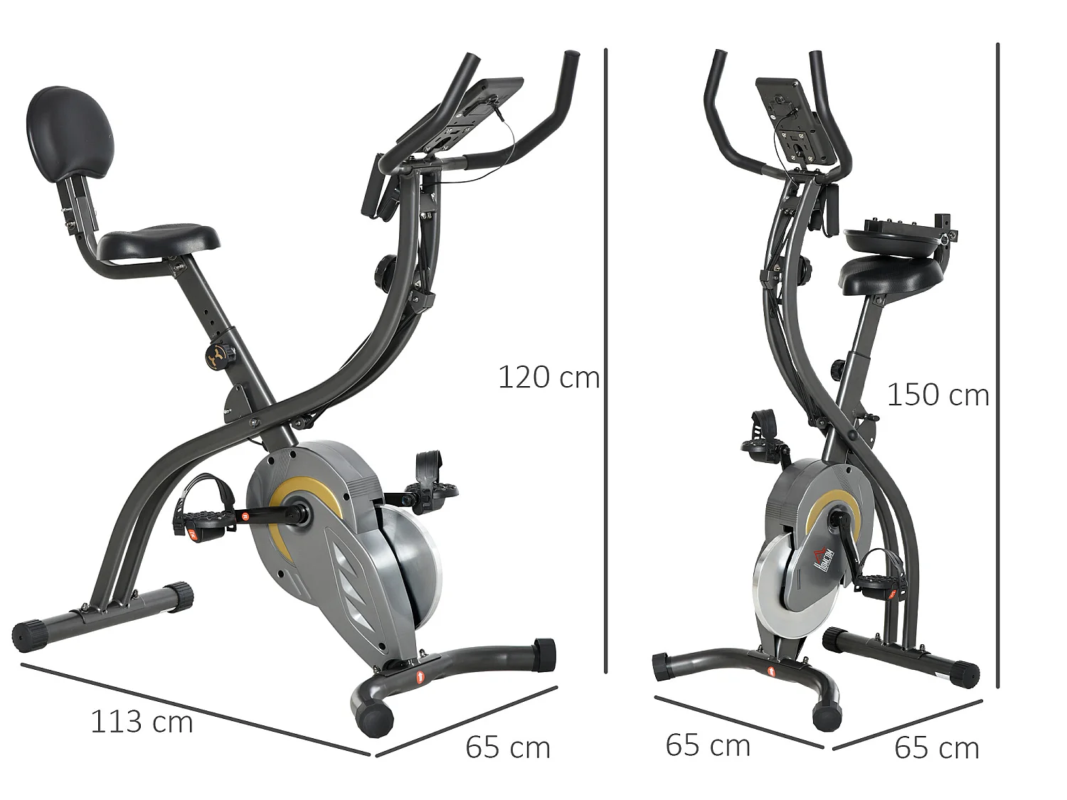 Vélo d'appartement pliable selle réglable dossier guidon ergonomique écran LCD multifonction bandes résistance acier gris noir