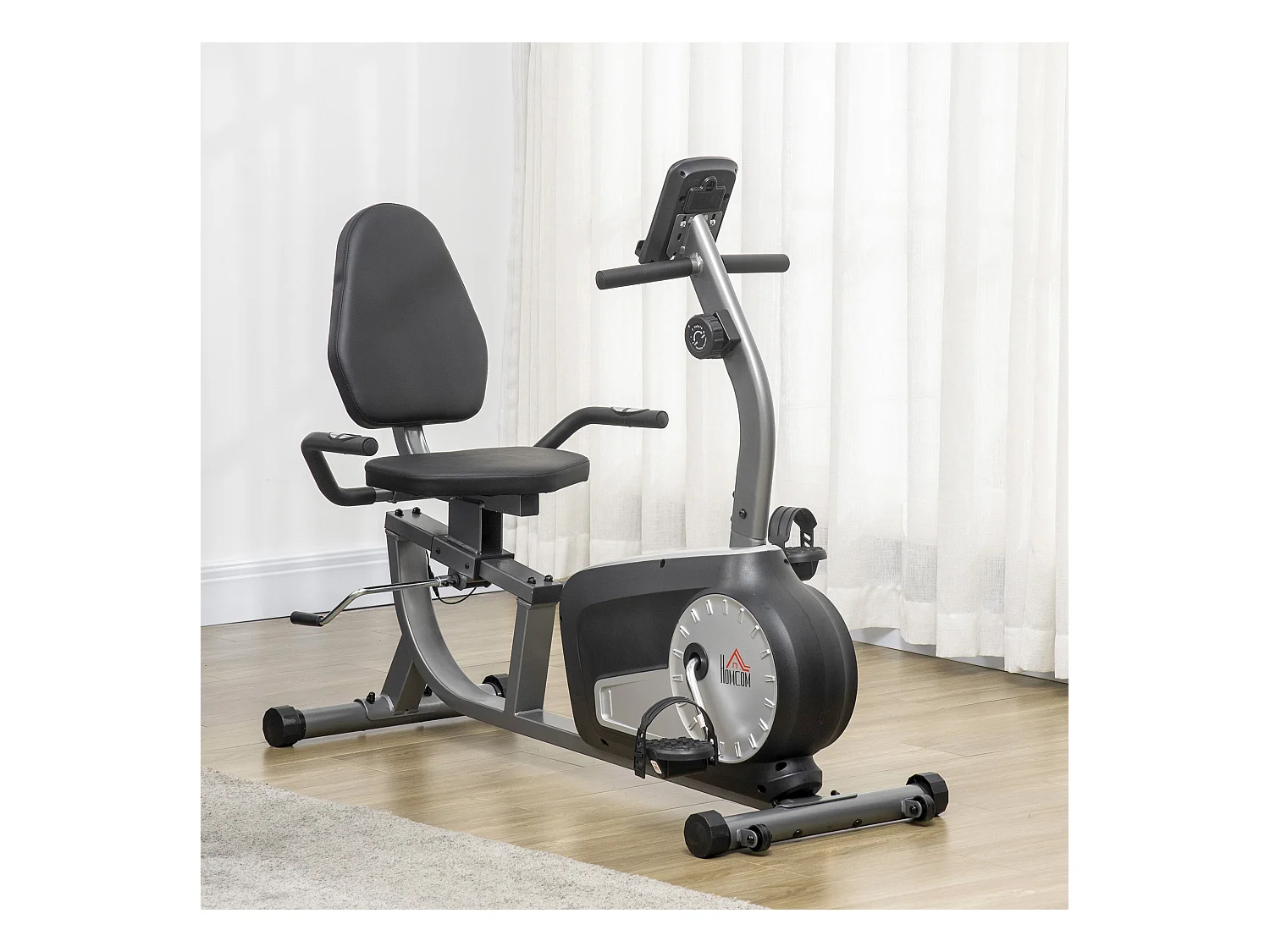 Vélo d'appartement semi-allongé magnétique écran LCD multifonction selle dossier résistance réglable acier ABS gris noir