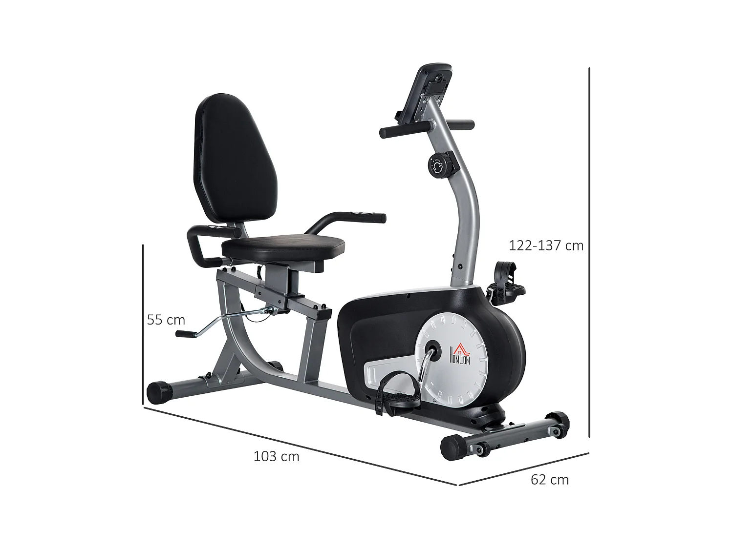 Vélo d'appartement semi-allongé magnétique écran LCD multifonction selle dossier résistance réglable acier ABS gris noir