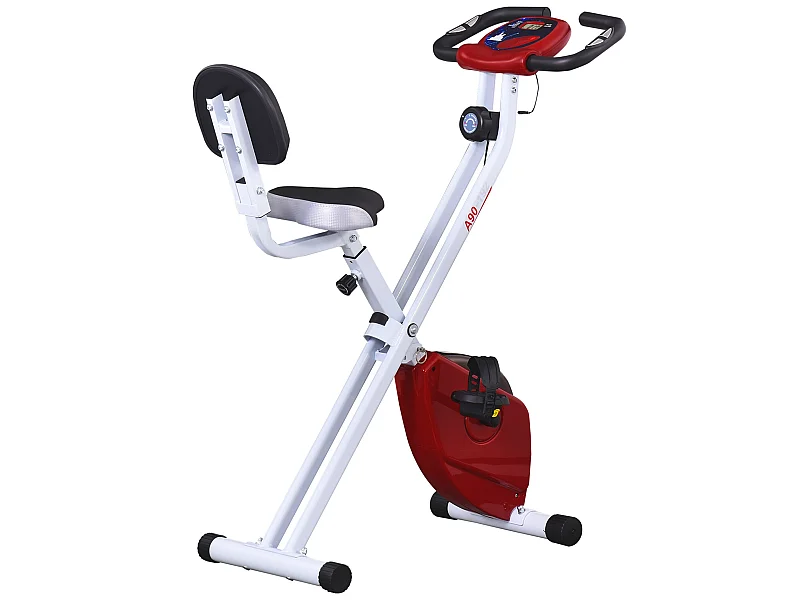 Vélo d'appartement pliable 8 niveaux de résistance magnétique selle réglable dossier écran LCD multifonction capteur fréquence cardiaque rouge
