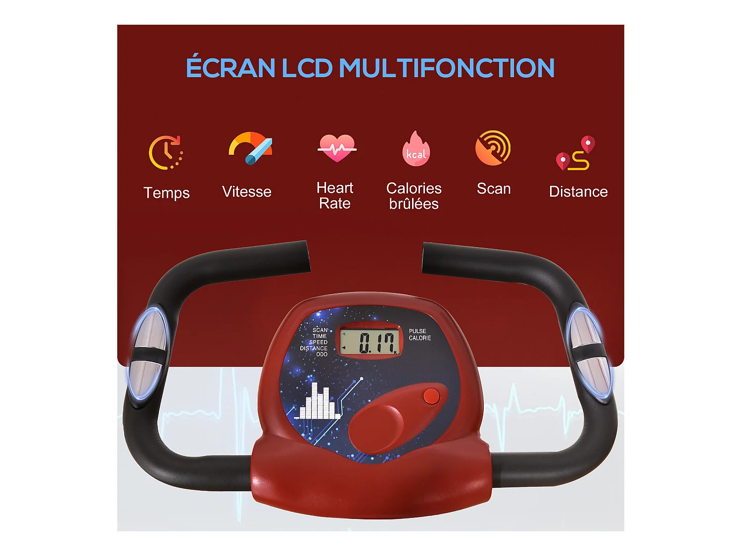 Vélo d'appartement pliable 8 niveaux de résistance magnétique selle réglable dossier écran LCD multifonction capteur fréquence cardiaque rouge