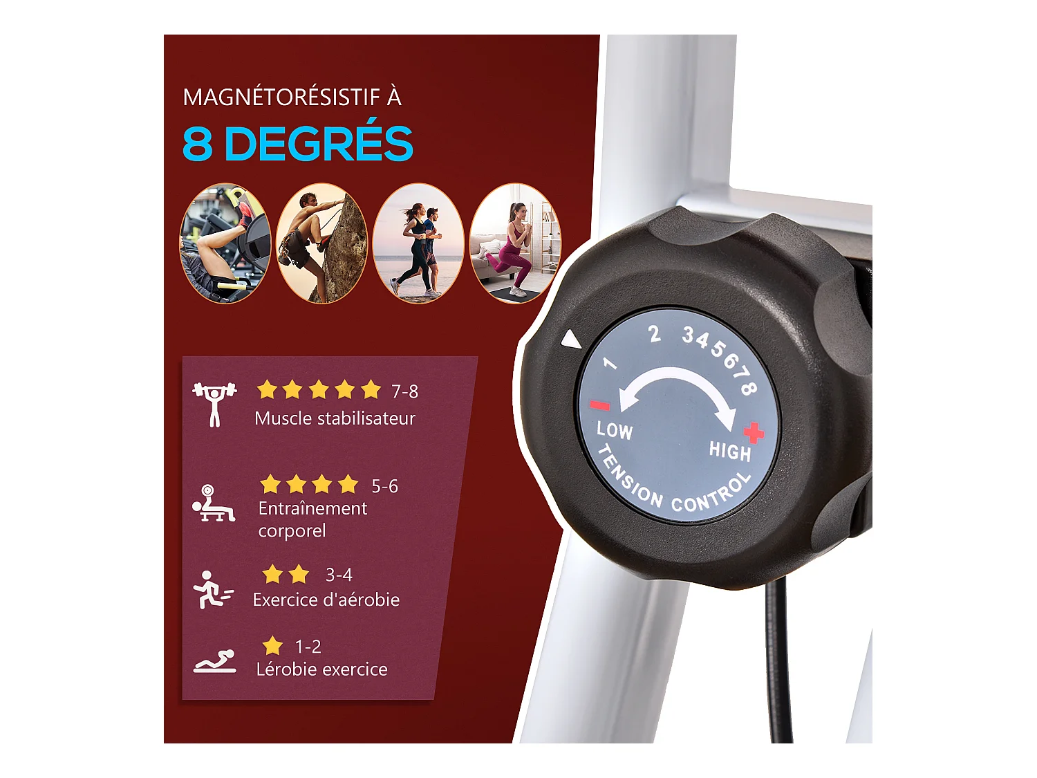 Vélo d'appartement pliable 8 niveaux de résistance magnétique selle réglable dossier écran LCD multifonction capteur fréquence cardiaque rouge