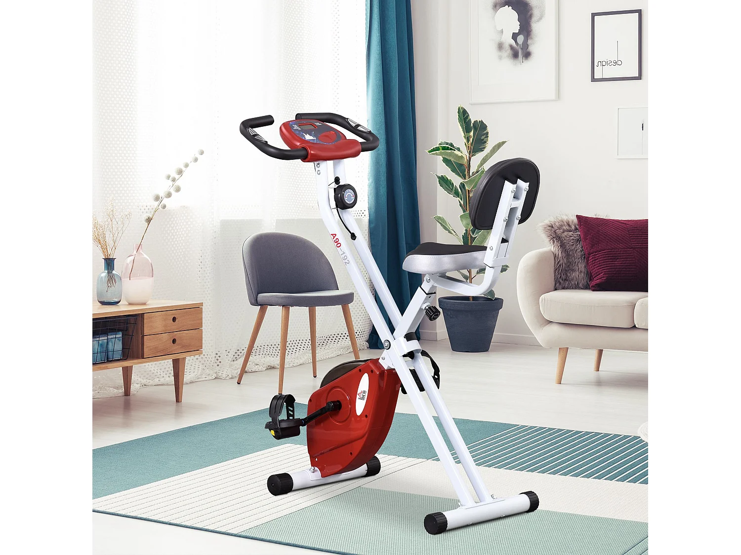 Vélo d'appartement pliable 8 niveaux de résistance magnétique selle réglable dossier écran LCD multifonction capteur fréquence cardiaque rouge