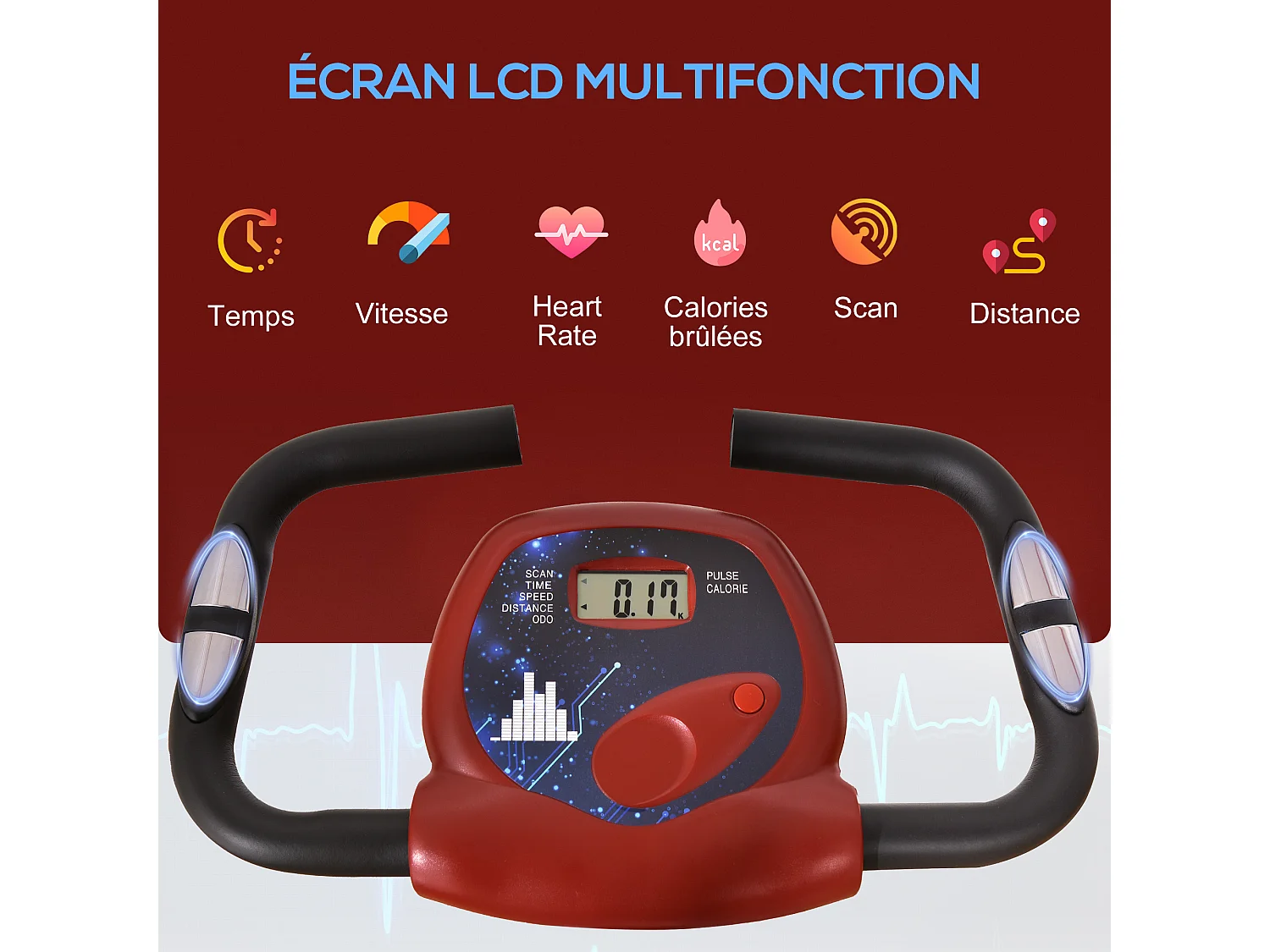 Vélo d'appartement pliable 8 niveaux de résistance magnétique selle réglable dossier écran LCD multifonction capteur fréquence cardiaque rouge