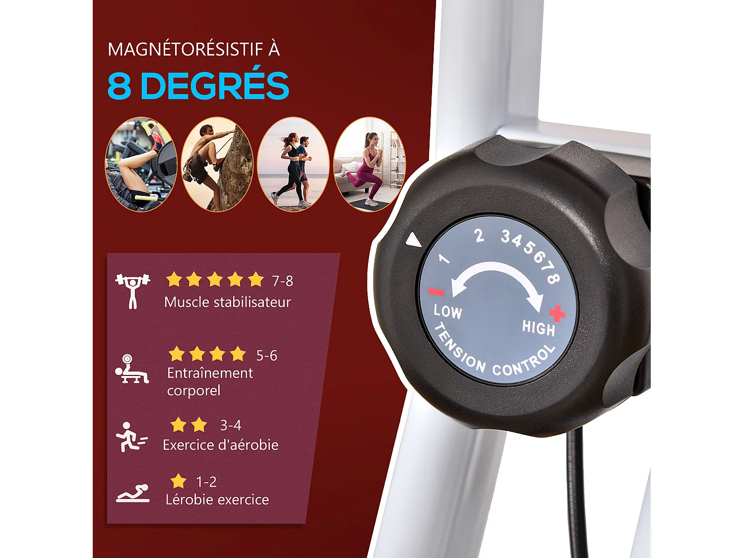 Vélo d'appartement pliable 8 niveaux de résistance magnétique selle réglable dossier écran LCD multifonction capteur fréquence cardiaque rouge