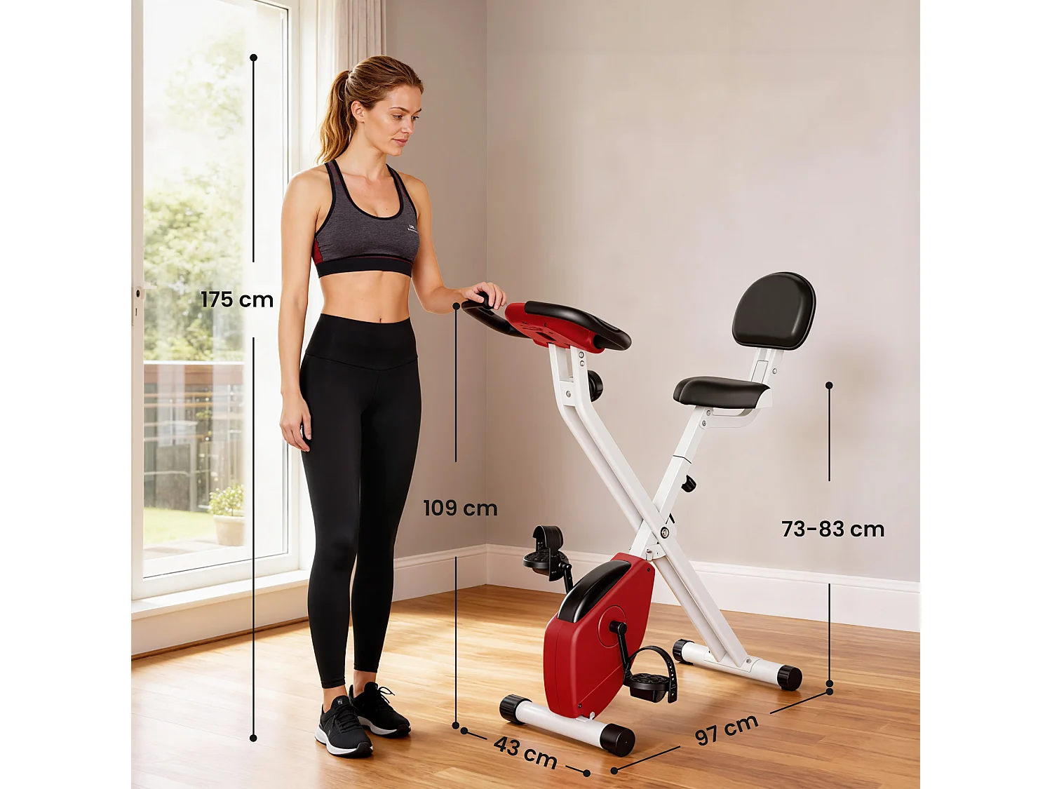 Vélo d'appartement pliable 8 niveaux de résistance magnétique selle réglable dossier écran LCD multifonction capteur fréquence cardiaque rouge
