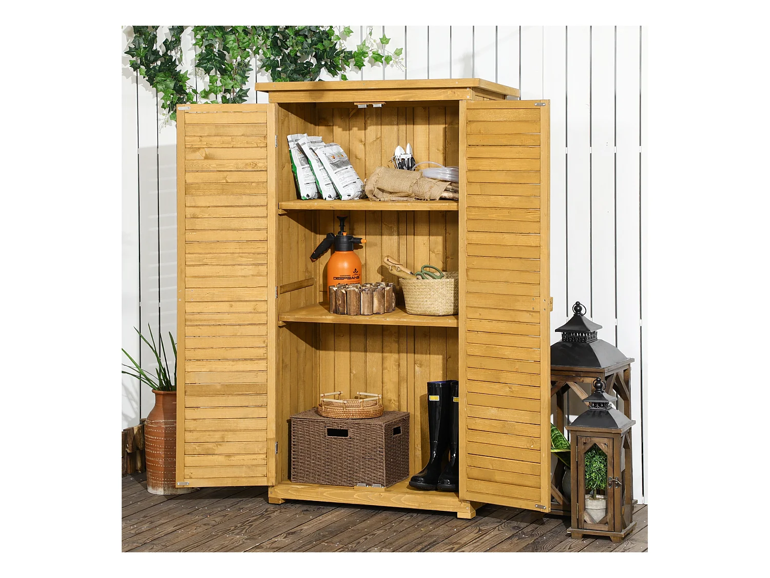 Armoire de jardin abri jardin remise pour outils sur pied 2 étagères portes persiennes toit bitumé étanche bois sapin pré-huilé