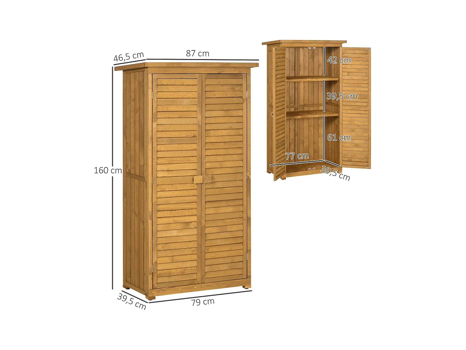 Armoire de jardin abri jardin remise pour outils sur pied 2 étagères portes persiennes toit bitumé étanche bois sapin pré-huilé