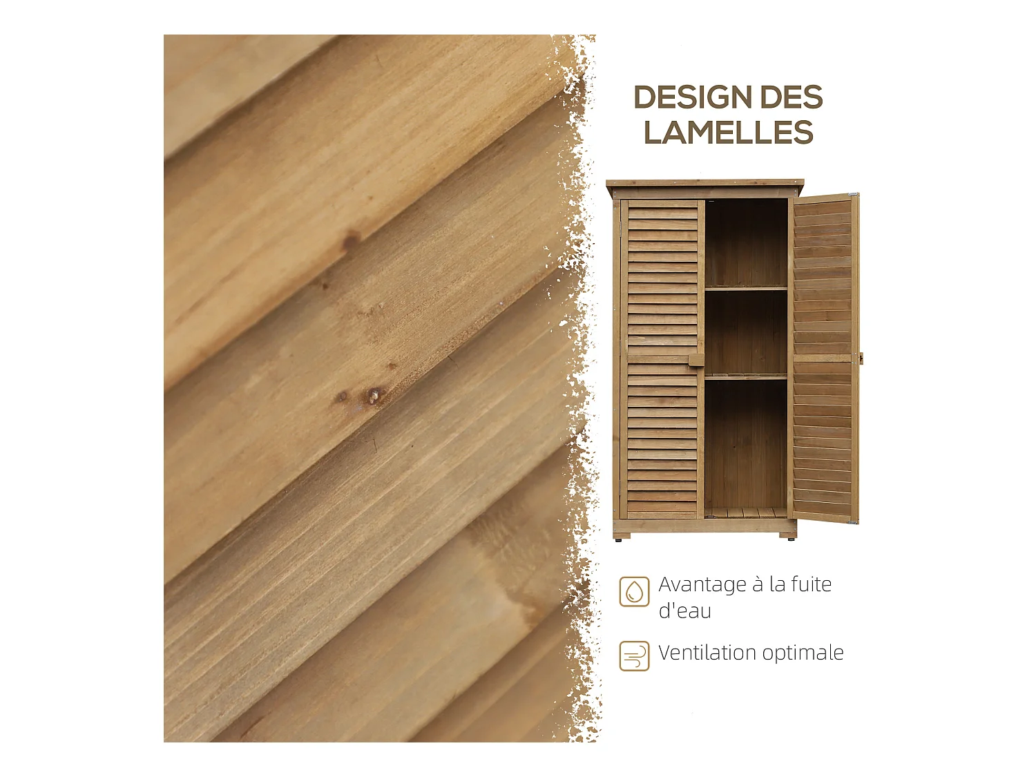 Armoire de jardin abri jardin remise pour outils sur pied 2 étagères portes persiennes toit bitumé étanche bois sapin pré-huilé