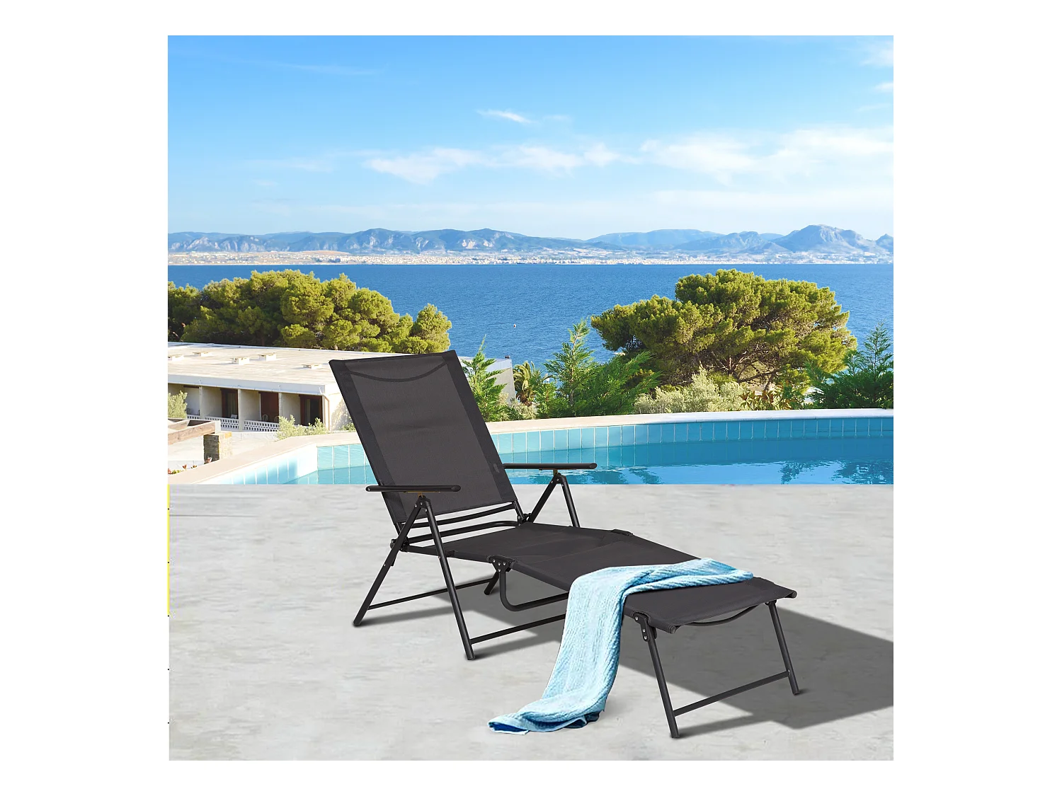 Bain de soleil pliable transat inclinable 5 positions chaise longue grand confort avec accoudoirs dim. 152L x 65l x 100H cm métal époxy textilène gris