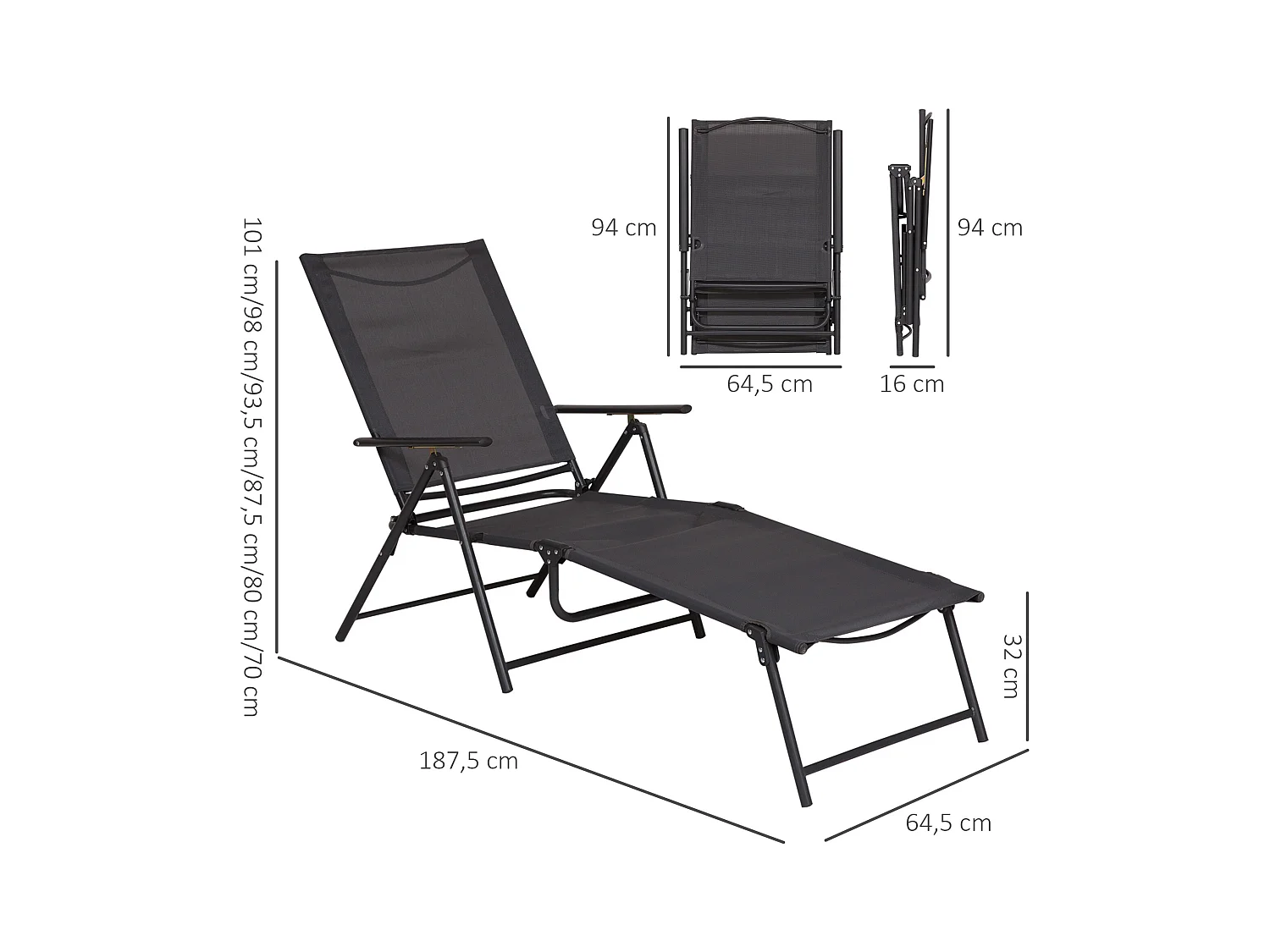 Bain de soleil pliable transat inclinable 5 positions chaise longue grand confort avec accoudoirs dim. 152L x 65l x 100H cm métal époxy textilène gris