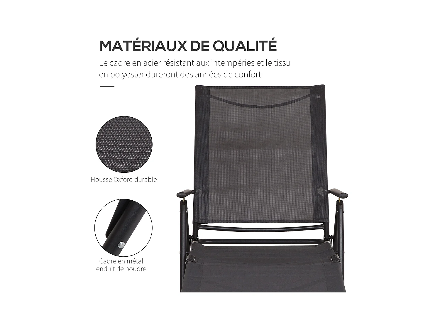 Bain de soleil pliable transat inclinable 5 positions chaise longue grand confort avec accoudoirs dim. 152L x 65l x 100H cm métal époxy textilène gris