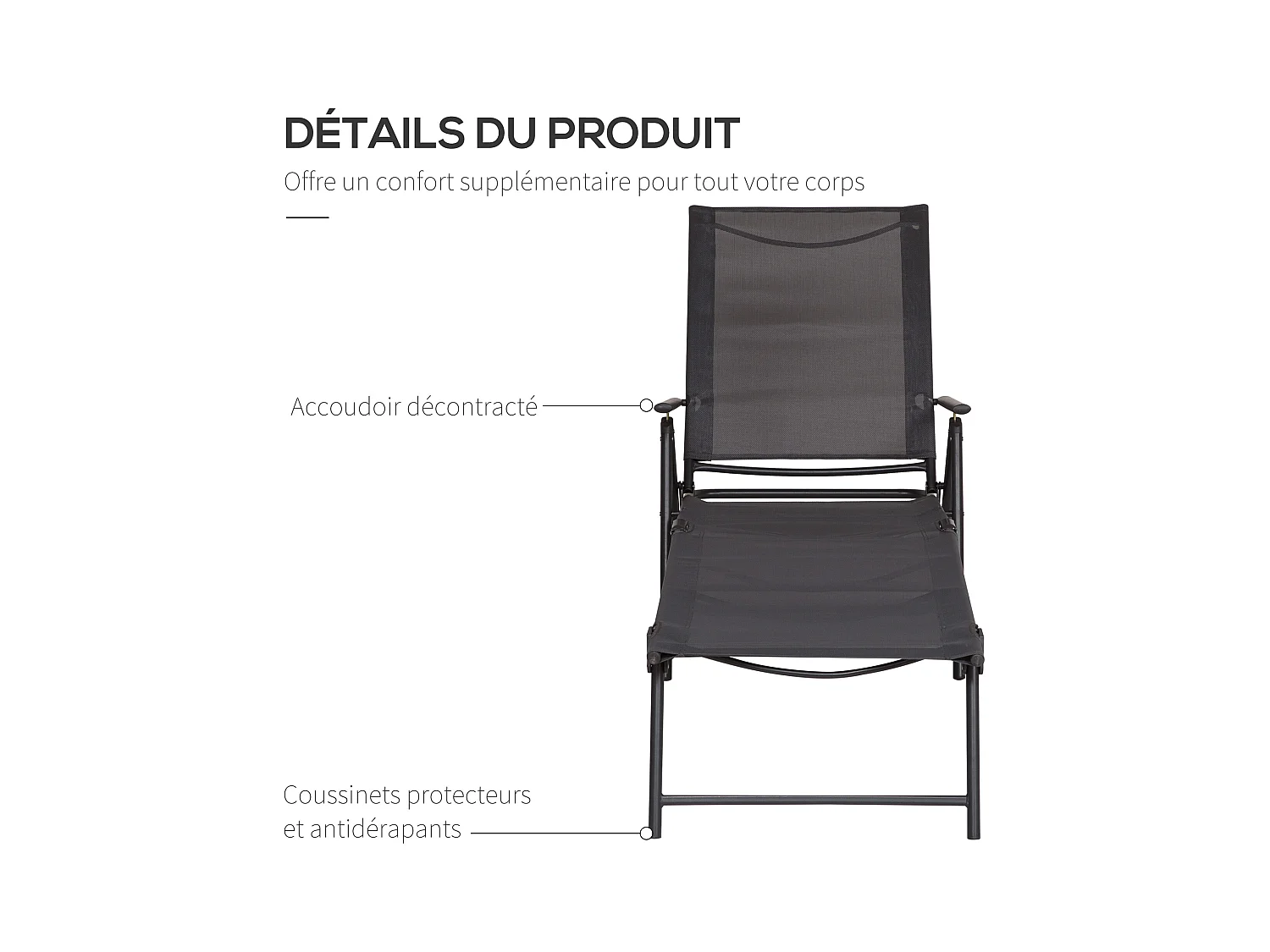 Bain de soleil pliable transat inclinable 5 positions chaise longue grand confort avec accoudoirs dim. 152L x 65l x 100H cm métal époxy textilène gris